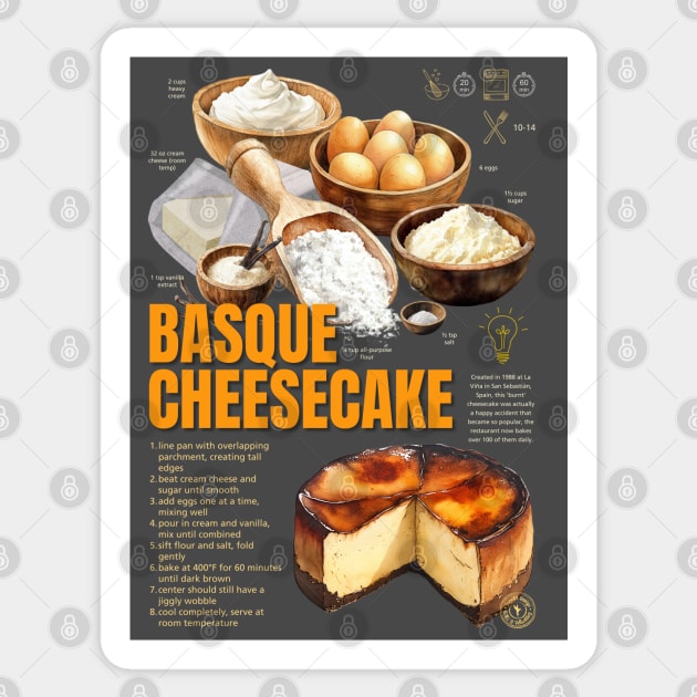 Basque Burnt Cheesecake Recipe Print – Rustic European Dessert Wall Art & Bakery Decor Sticker by TuncGK